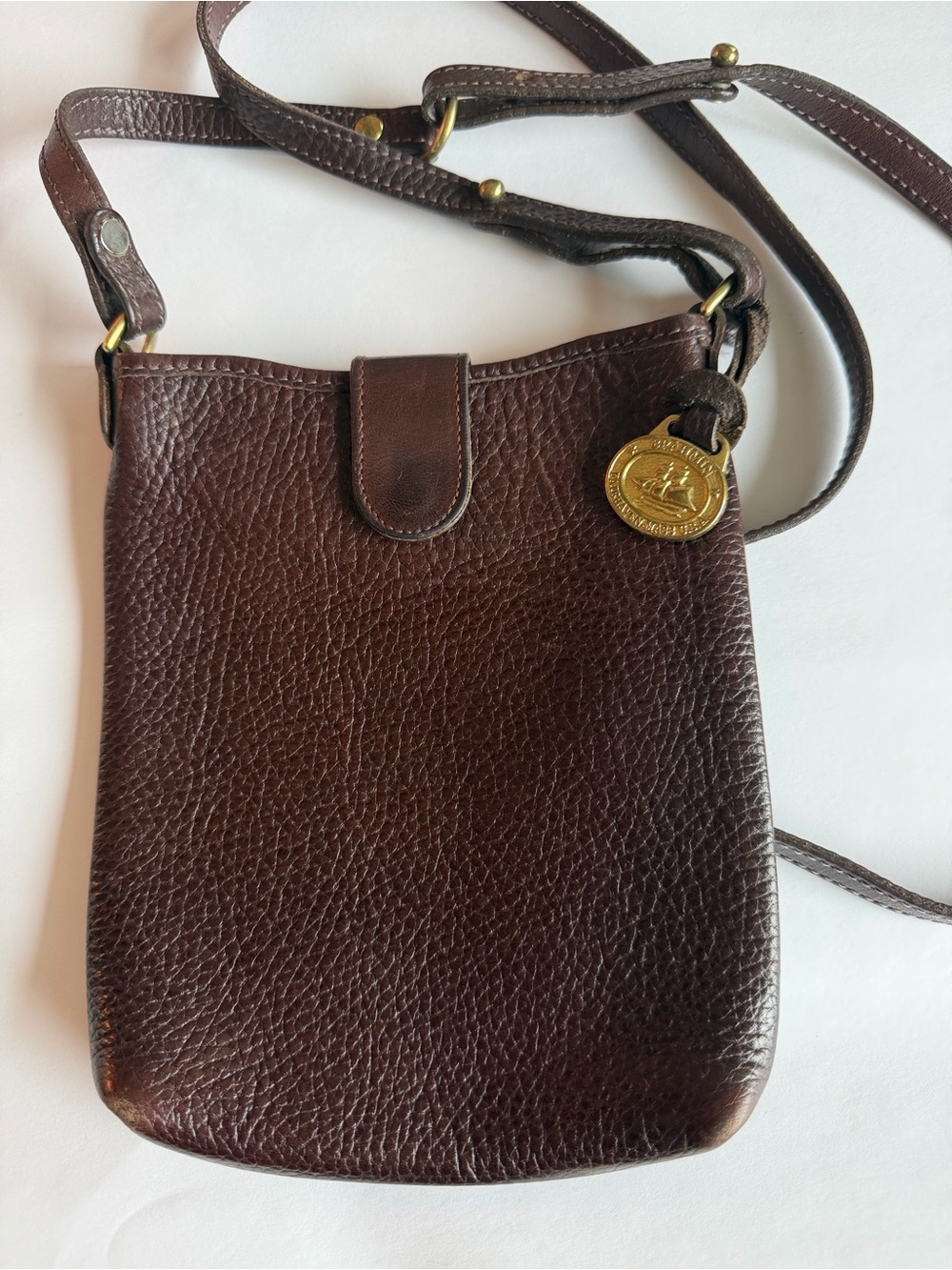 Brahmin Dark Brown Textured Leather Crossbody with Gold Medallion